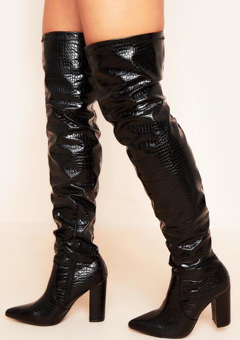 Evie Black Thigh High Croc Print Heeled Boots