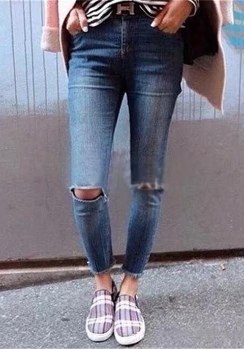 Jeans Tagliati A Matita Skinny A Vita Alta Strappata Blu