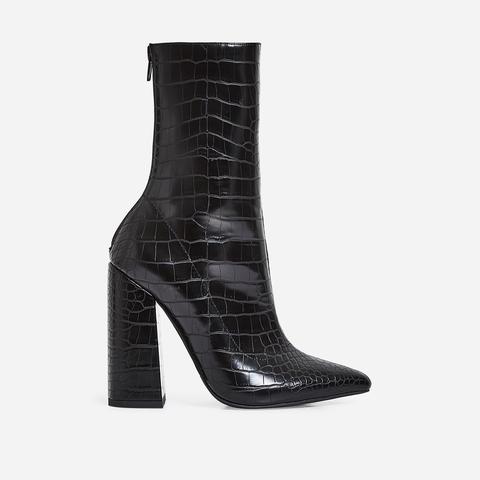 Laura Block Heel Ankle Boot In Black Croc Faux Leather, Black