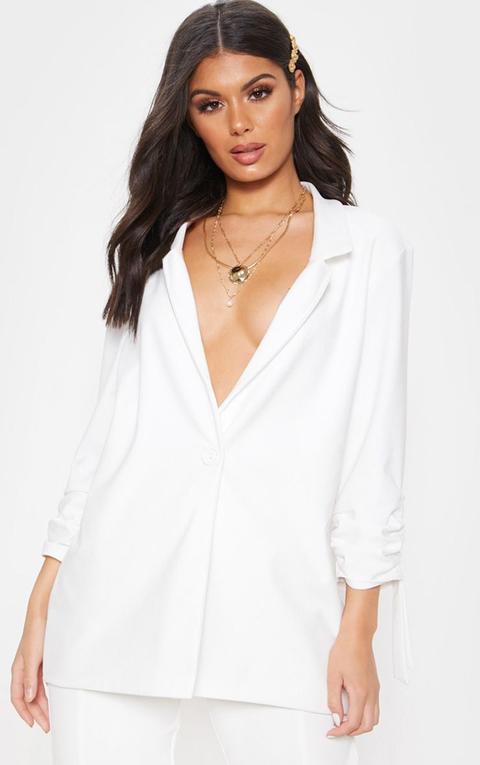 White Ruched Sleeve Blazer, White