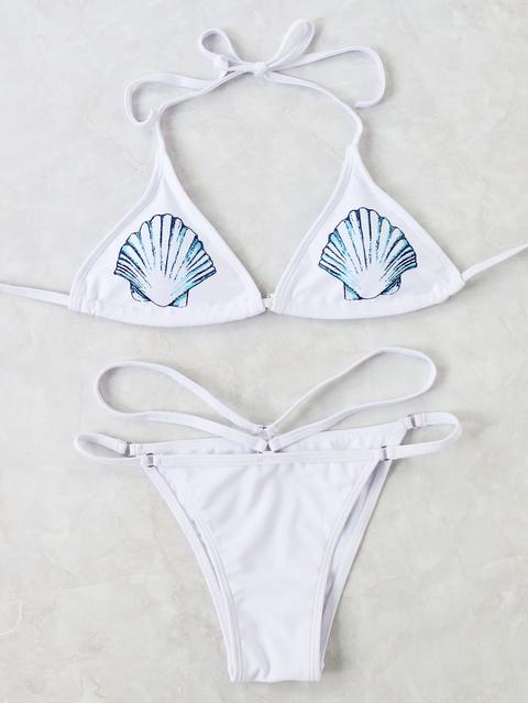 Sets De Bikini Halter Con Estampado - Blanco