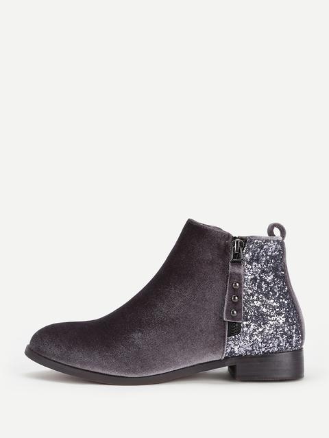 Sequin Flat Velvet Ankle Boots