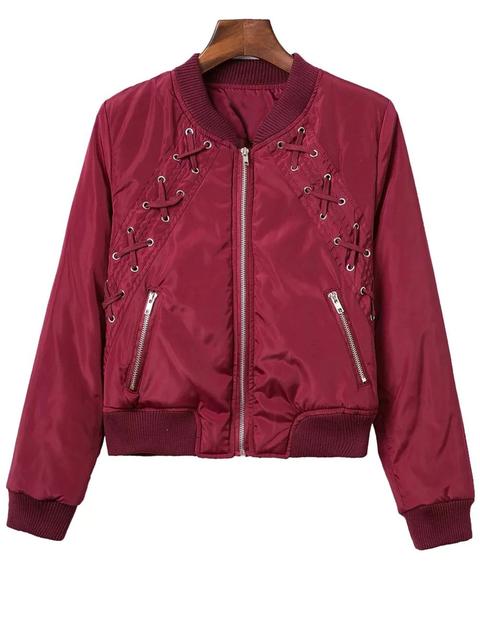 Lace Up Stand Collo Zipper Jacket Black Army Green Wine Red