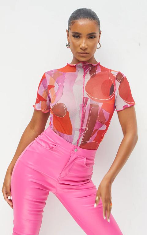 Pink Abstract Print Mesh Contrast Seam High Neck Short Sleeve Bodysuit