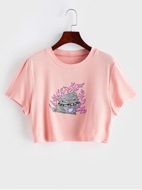 Zaful T-shirt Court Chien Imprimé À Col Rond Pink