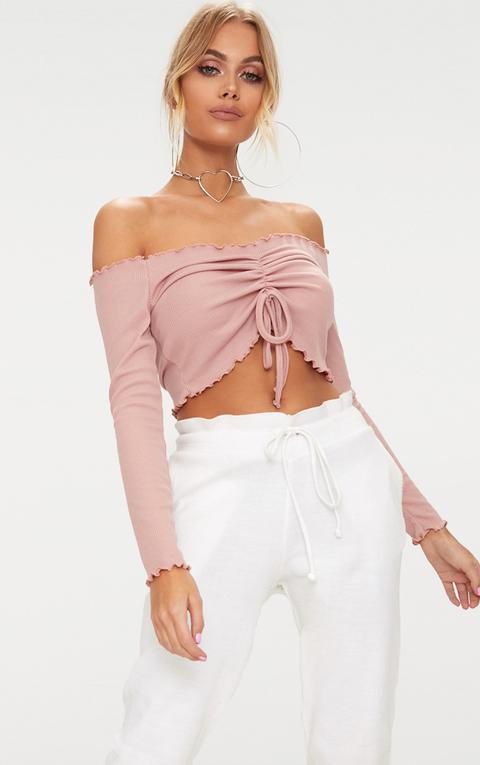 Dusty Pink Frill Edge Tie Front Rib Crop Top