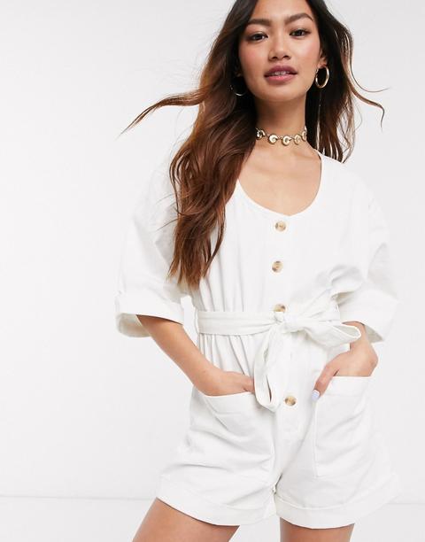 Asos Design Soft Denim Button Through Playsuit In Ecru-white