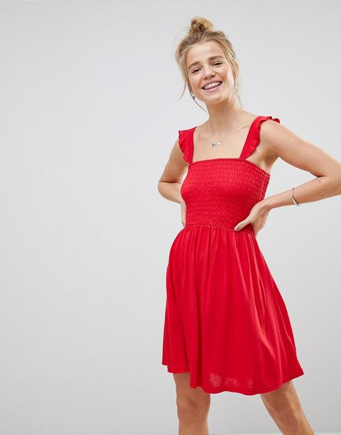 Asos - Vestito Estivo Increspato Con Spalline E Volant - Rosso