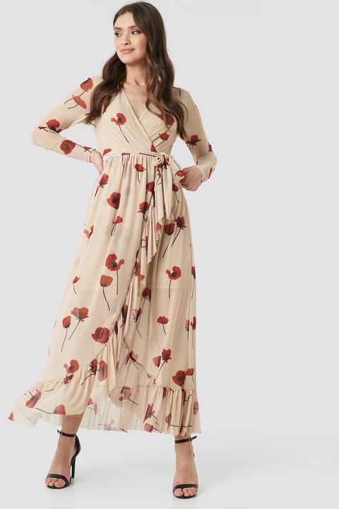 Mesh Printed Frill Maxi Dress Beige