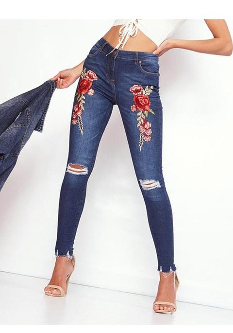 Jeans Lunghi Ricamo Floreale Strappato Cerniera Distrutta Vita Alta Blu Scuro