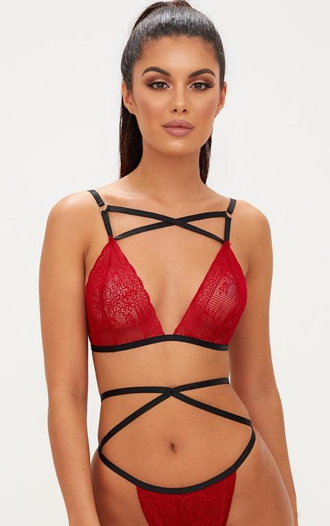 Red Cross Front Triangle Lace Bra, Red