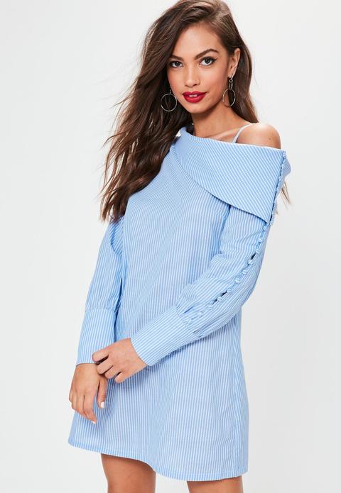 Blue Striped One Shoulder Unbutton Shirt Dress