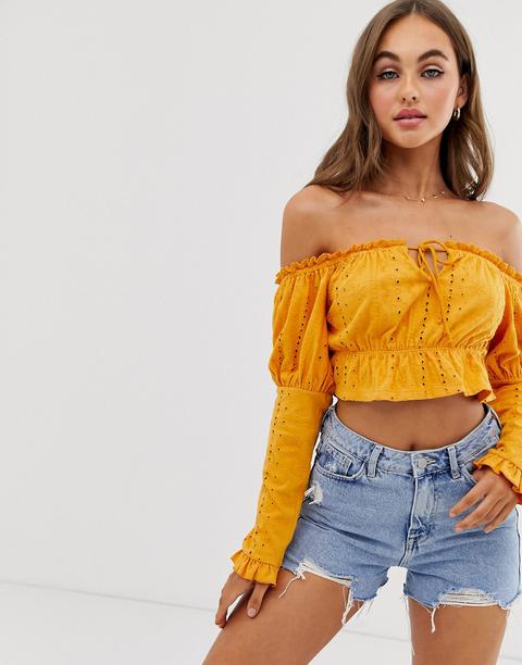 Asos Design Bardot Top In Broidery-yellow