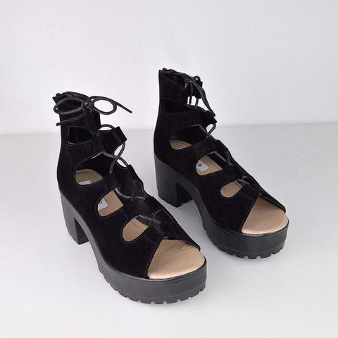 Winnie - Lace Up Platform Sandals In Black Suede