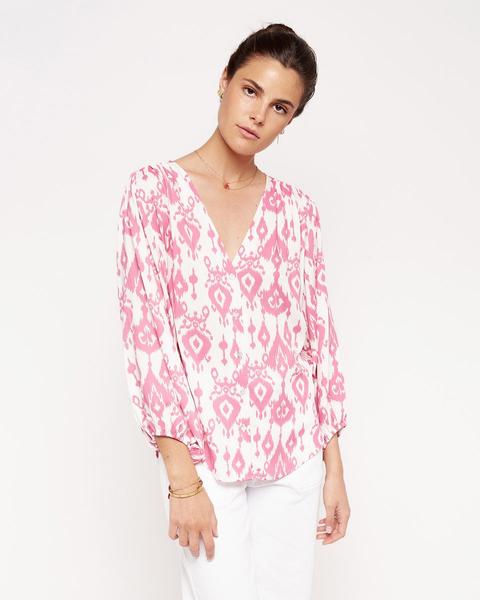 Blusa Estampado Ikat Manga Abullonada Rosa