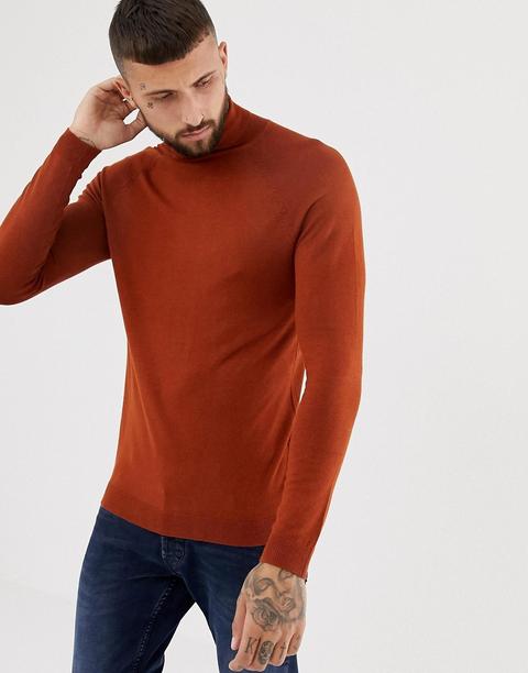 Bershka - Maglione Marrone Attillato Con Collo Alto - Marrone