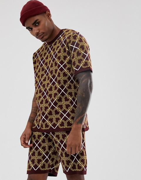 Asos Design - T-shirt En Maille À Imprimé Baroque-marron
