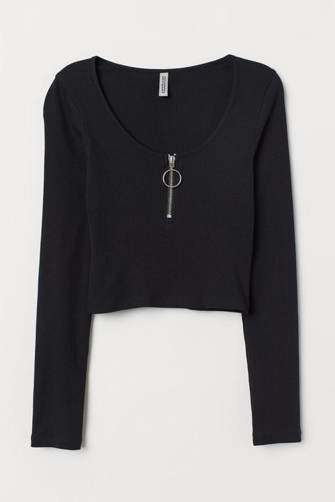 H & M - Ribbed Top With A Zip - Black