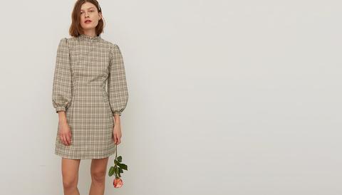 Cream And Black Check Trudie Puff Sleeve Mini Dress