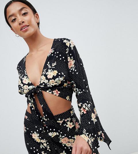 Camisa Negra Con Lazo Delantero Y Estampado Floral De New Look Petite-negro
