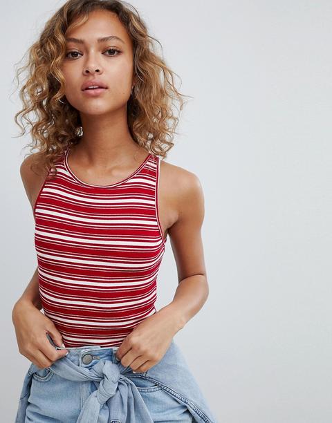 Pull&bear - Body A Coste Scollato Sul Retro A Righe Rosse - Multicolore