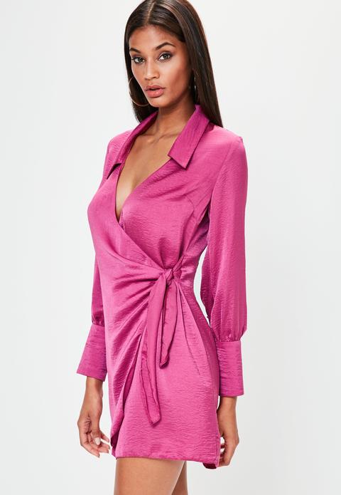 Pink Satin Tie Side Collared Shift Dress