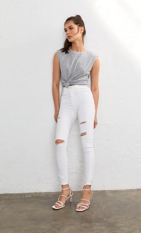 Stradivarius Jeans A Vita Alta Con Strappi Femminile Bianco 38