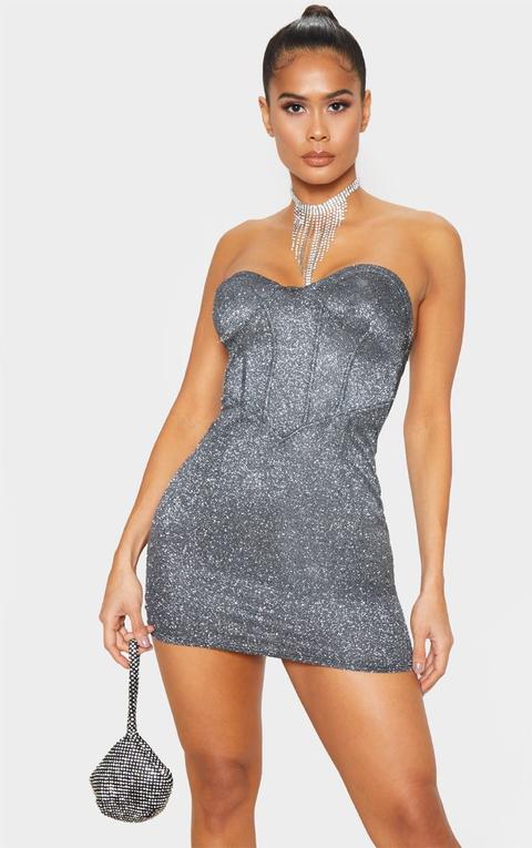 Black Bandeau Textured Glitter Cup Detail Bodycon Dress