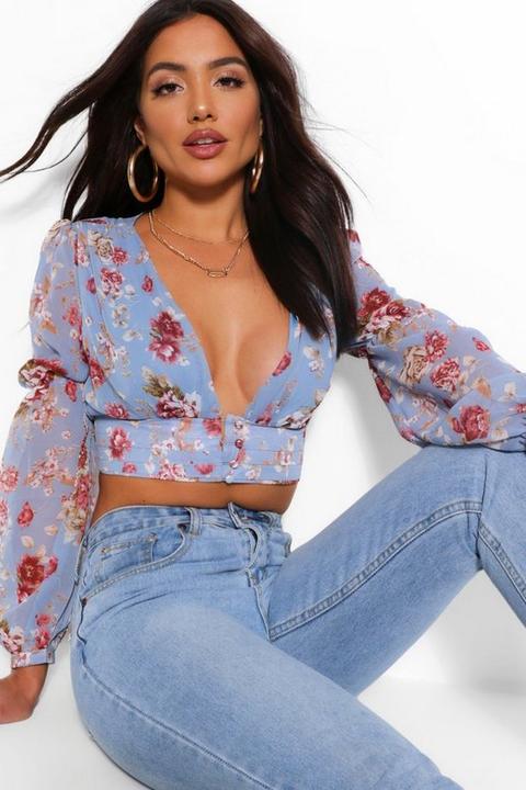 Womens Woven Floral Ruffle Crop Top - Blue - 10, Blue