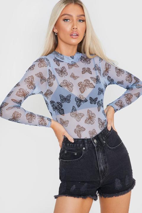 Blue Bodysuits - Francesca Farago Blue Butterfly Mesh Bodysuit