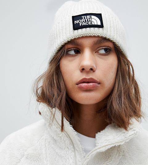 The North Face Logo Box Cuffed Beanie Hat In White - Vintage White