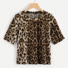 Camiseta De Leopardo Con Cuello Redondo