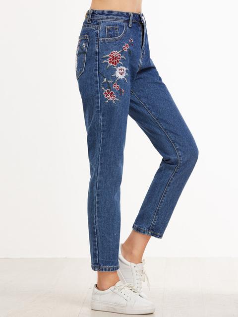 Dark Blue Flower Embroidered Straight Leg Jeans