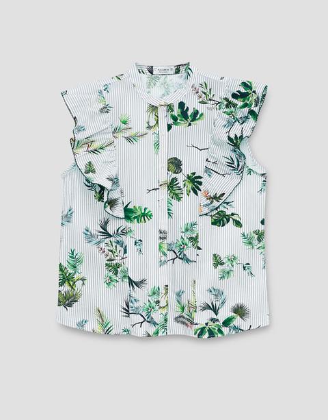 Camicia Smanicata Con Volant Stampa Tropicale