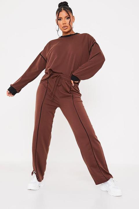 Chocolate Contrast Piping Oversized Top And Wide Leg Jogger Set , Brown