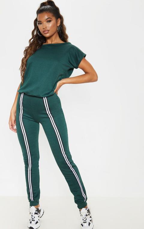 Forest Green Loop Back Sports Stripe Jumpsuit, Forest Green