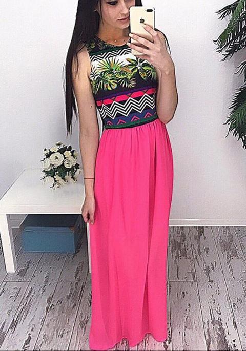 Abito Maxi Stampare Floreale Drappeggiata Collo Rotondo Casuale Rosso