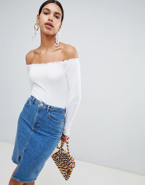 Asos Design - Body A Maniche Lunghe Con Spalle Scoperte E Bordi Ondulati - Bianco