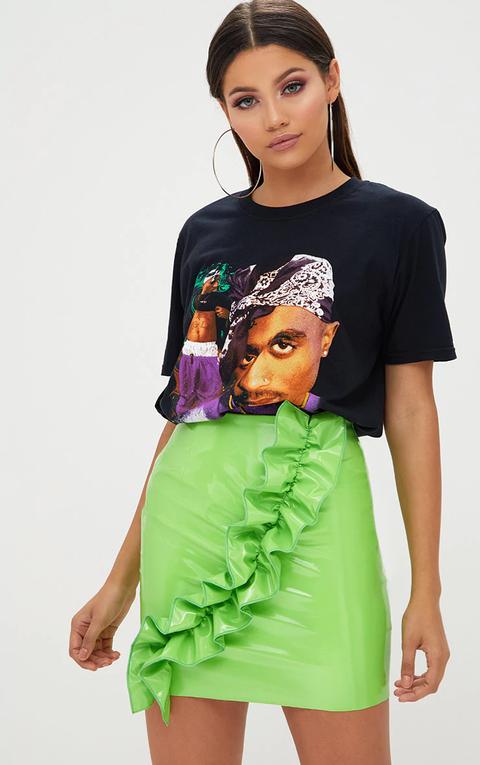 Lime Green Oversized Ruffle Vinyl Mini Skirt, Green