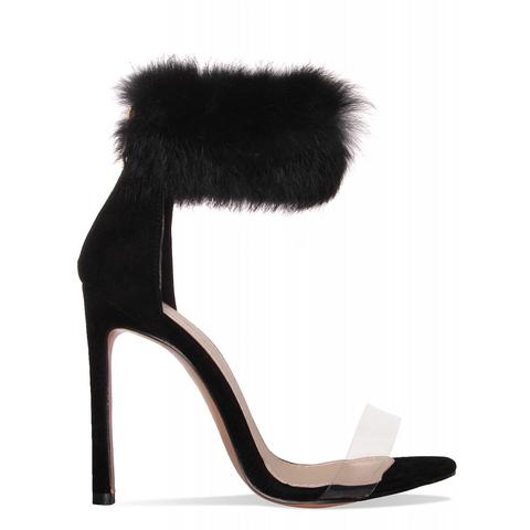 Aviana Black Suede Clear Faux Fur Heels