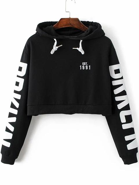 Black Letter Print Hooded Crop Sweatshirt