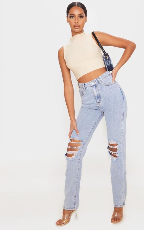 Light Wash Ripped Knee Long Leg Straight Jeans