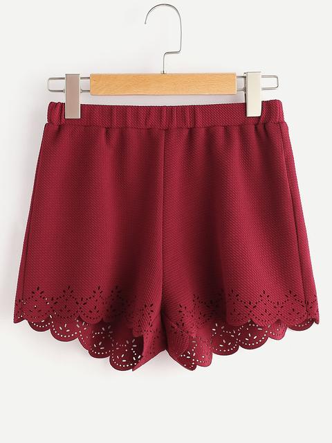 Elastic Waist Textured Laser Cut Scallop Shorts