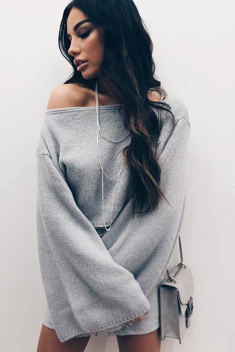 Morgan Grey Knitted Cropped Flare Sleeve Jumper