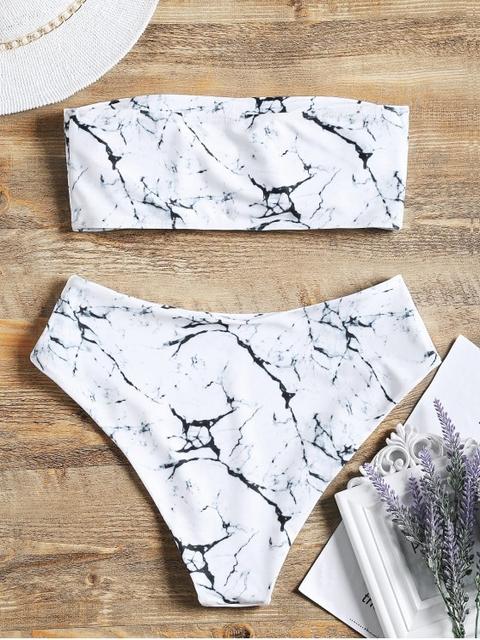 marble print high waisted bandeau bikini set