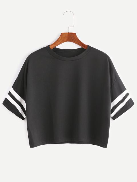 Black Dropped Shoulder Seam Varsity Striped Crop T-shirt