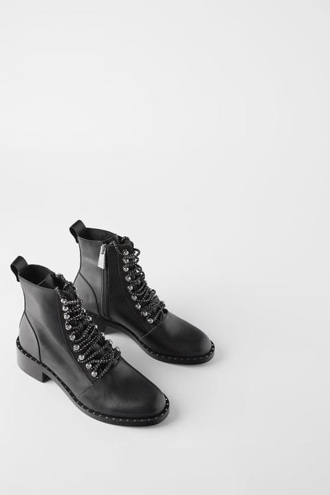 Studded Flat Leather Biker Ankle Boots