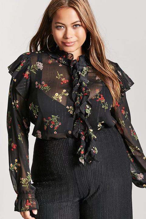 Plus Size Sheer Ruffled Floral Top