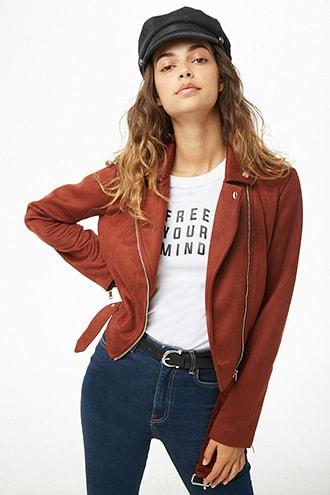 Forever 21 Faux Suede Moto Jacket Rust