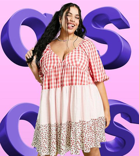 Asos Design Curve Mixed Gingham And Floral Tiered Mini Smock Dress-multi